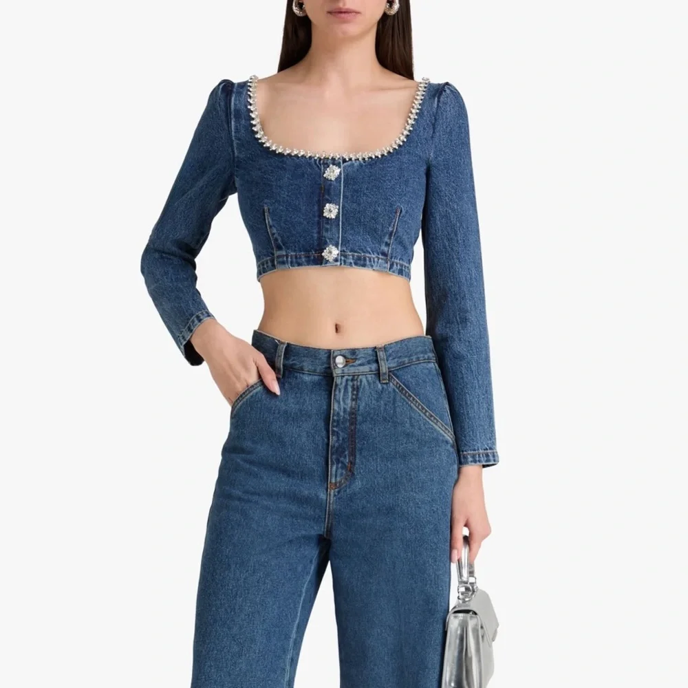 SELF-PORTRAIT Crystal-Embellished Denim Top Size 6 NWT - Picture 6 of 13